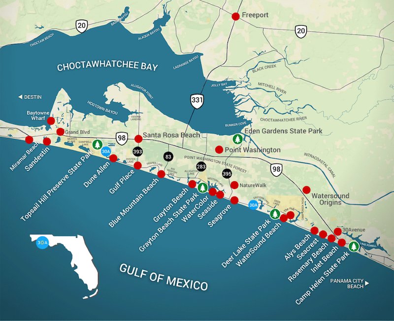 Map of Highway 30a in Florida