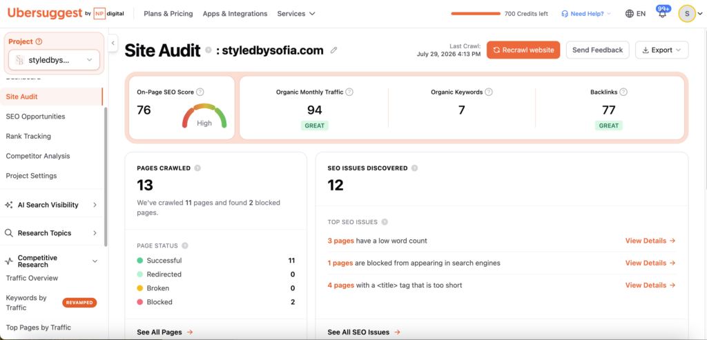 Ubersuggest dashboard showing an SEO site audit for styledbysofia.com