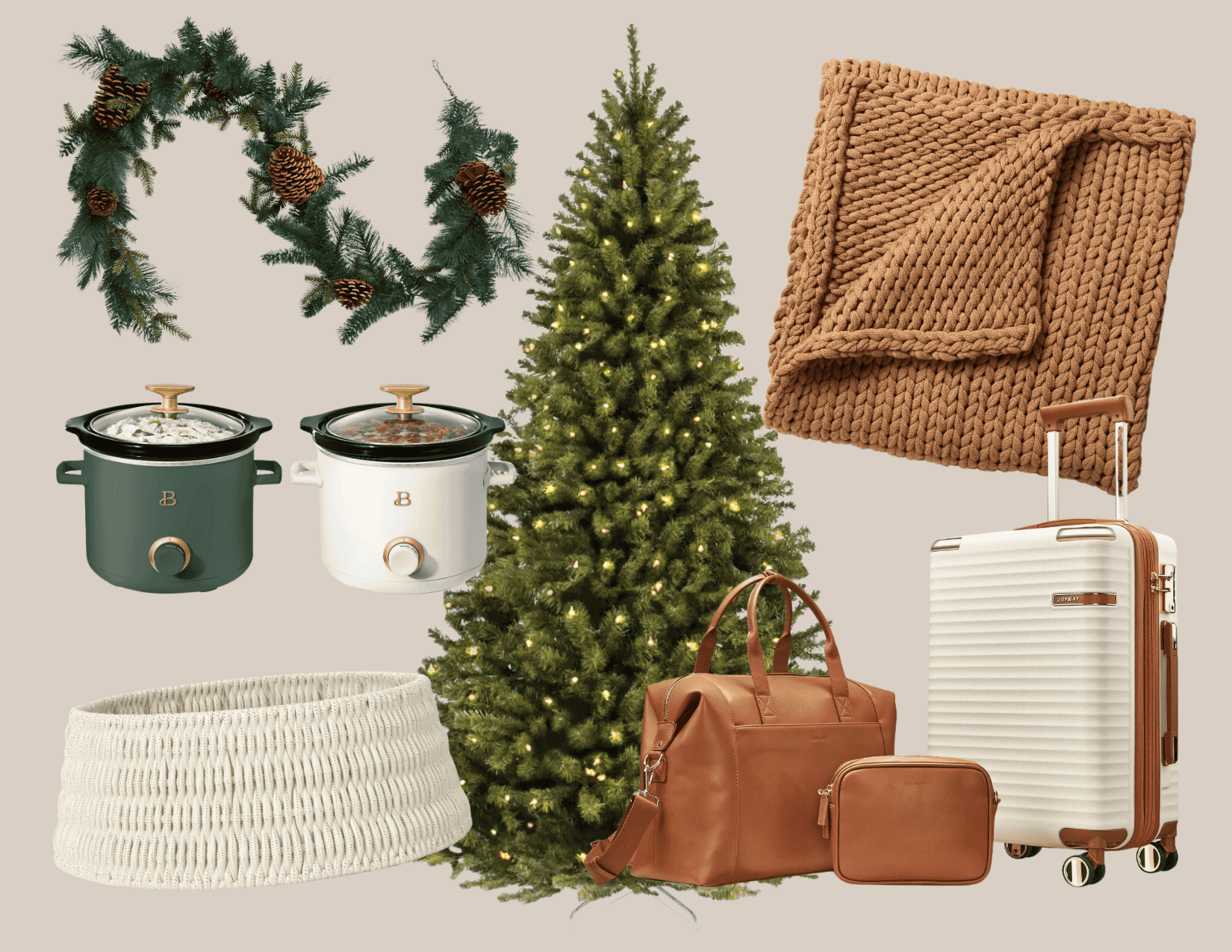 Christmas tree, decor, and other seasonal items on sale for Black Friday 2024 on a tan backdrop