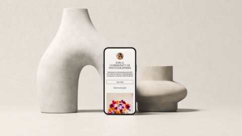 Cellphone mockup showing Flodesk email with two stone vases in the background