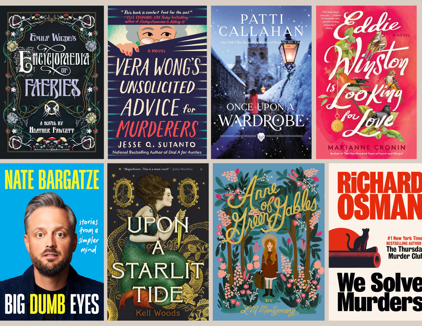 Collage of holiday TBR list cozy read book covers in the fiction, fantasy, and memoir categories