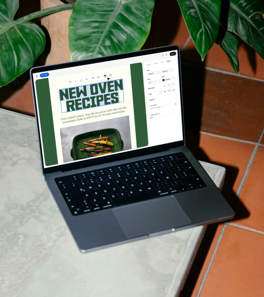 Laptop screen showing Flodesk Studio AI email designer product