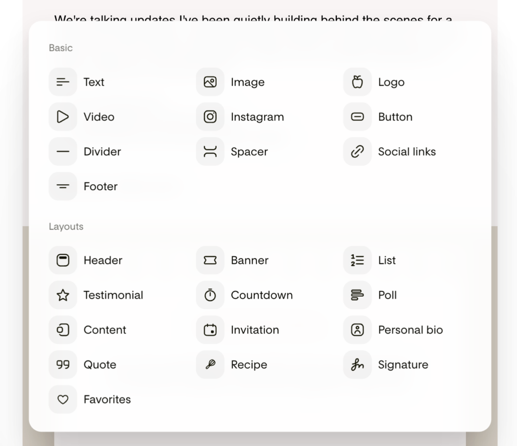 Flodesk Studio's block library listing all the different editing features available in the platform