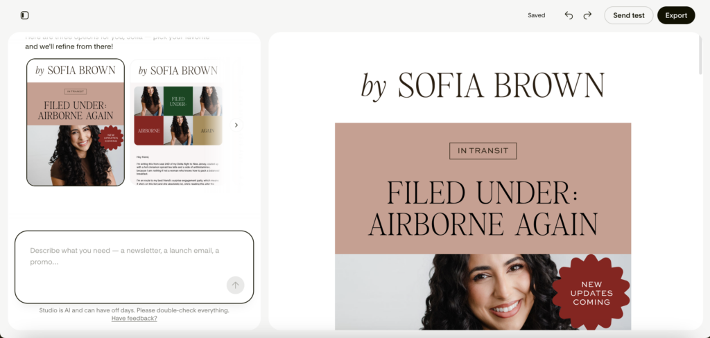 AI email designer platform interface showing two email designs