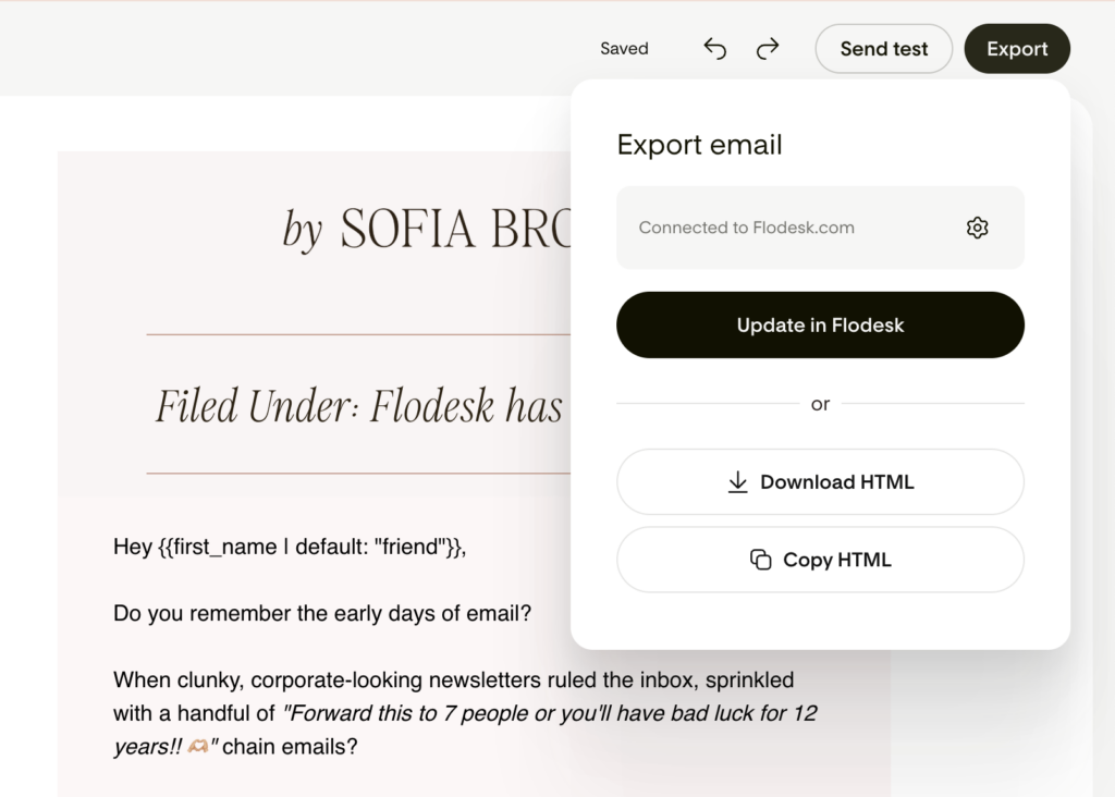 Inside AI email design platform settings showing export HTML
