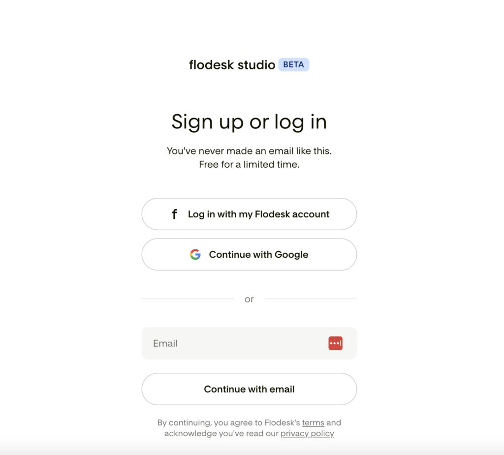 Flodesk Studio login screen