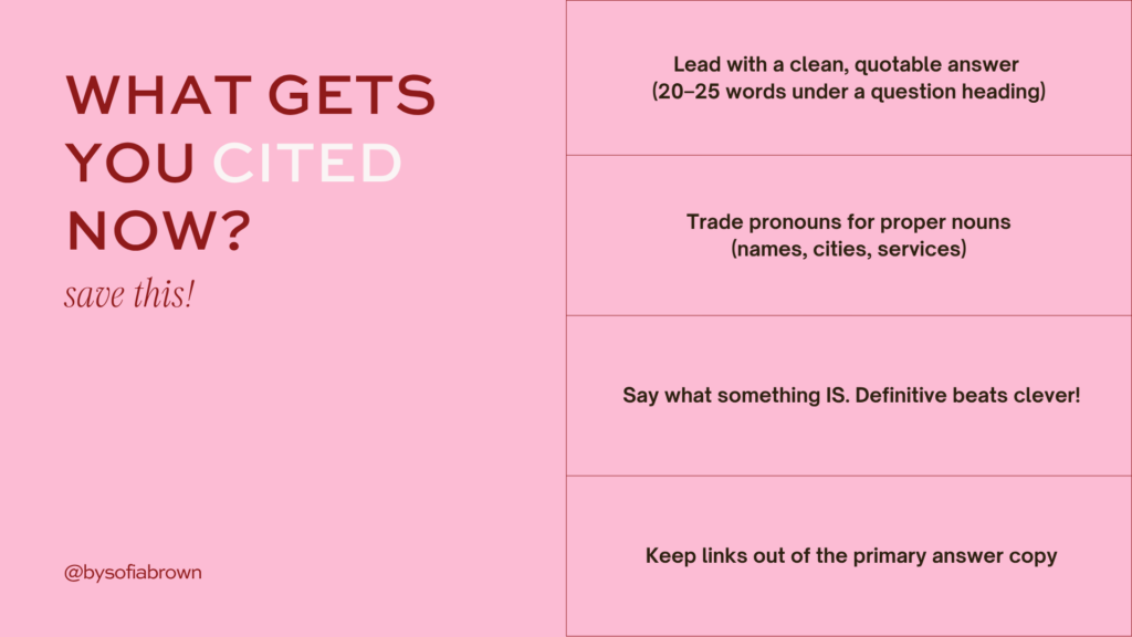 Pink slide outlining AEO citation strategies: leading with clean, quotable answers under question headings, replacing pronouns with proper nouns and brand names, stating what something is definitively, and keeping links out of primary answer copy.