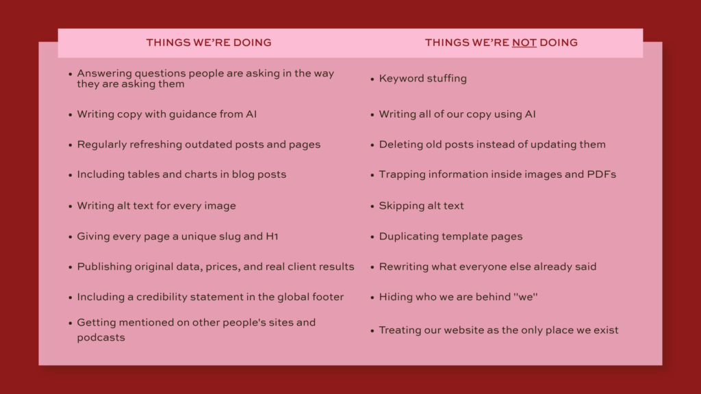Red and pink split-column slide contrasting what marketers should be doing in 2027 (answering questions naturally, using AI for guidance, refreshing outdated posts, including tables and charts, writing alt text for images, unique slugs and H1s, publishing original data, including credibility statements, getting mentioned on other sites) versus what they should stop doing (keyword stuffing, relying entirely on AI, deleting old posts, hiding information in images, skipping alt text, duplicating templates, rewriting existing content, hiding authorship, treating websites as their only presence).